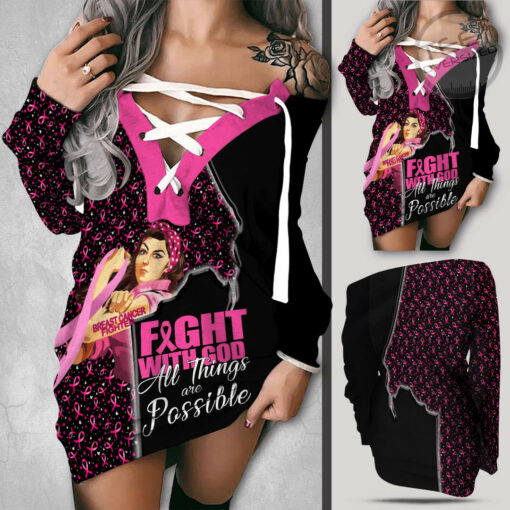 Breast Cancer Awareness Woman Right 3D Off Shoulder Deep V Neck Lace Up Long Sleeve Pullover