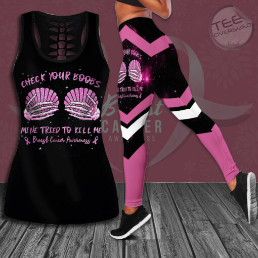 Check Your Boobs Mine Tried To Kill Me Breast Cancer Awareness 3D Hollow Tank Top Leggings