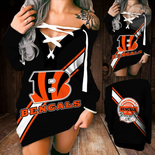 Cincinnati Bengals Shoulder Deep V Neck Lace Up Long Sleeve Pullover 01