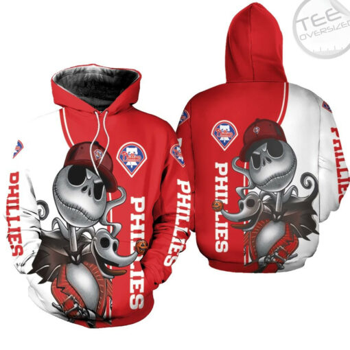 philadelphia phillies jack skellington and zero 3d hoodie