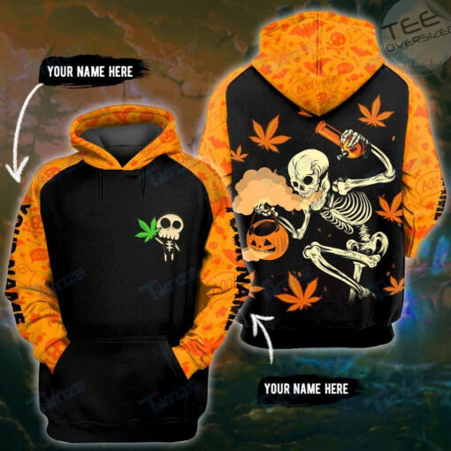 weed halloween skeleton pumpkin boong 3d hoodie