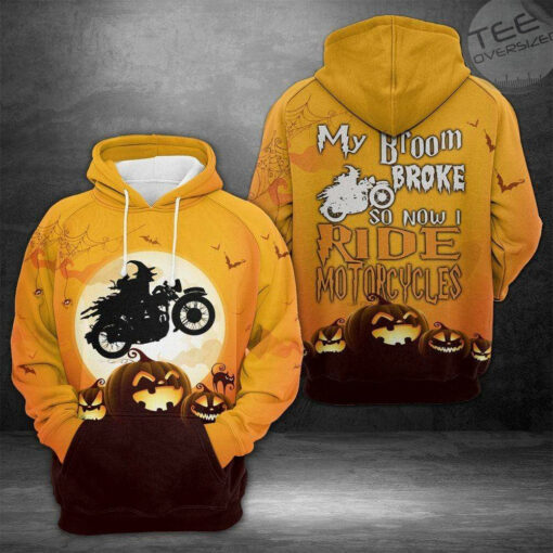 witch laughing pumpkin my broom broke so i ride motorcycles halloween black orange 3d hoodie